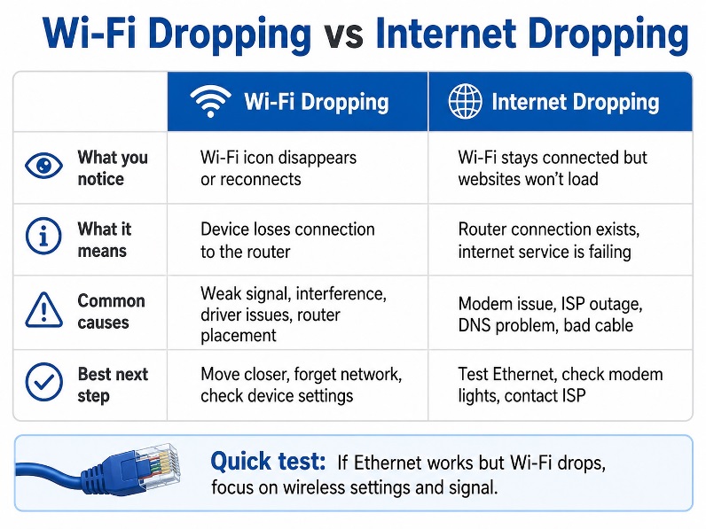 Chart comparing Wi-Fi dropping with internet dropping and the best next troubleshooting step