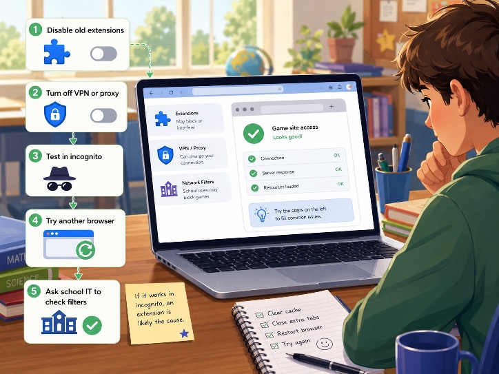 Check Extensions, VPNs, and School Filters