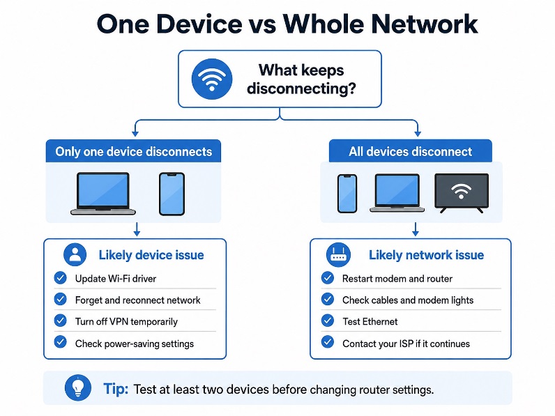 Diagram showing how to check whether one device or the whole Wi-Fi network is disconnecting
