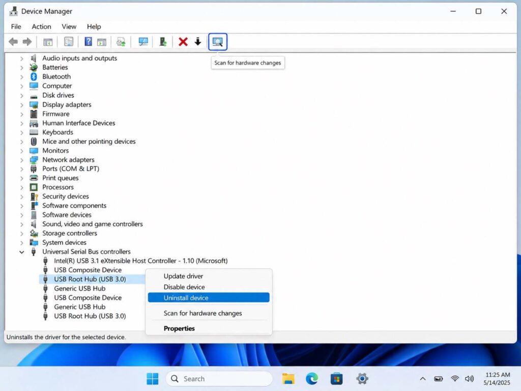 Reinstall USB Controllers in Device Manager
