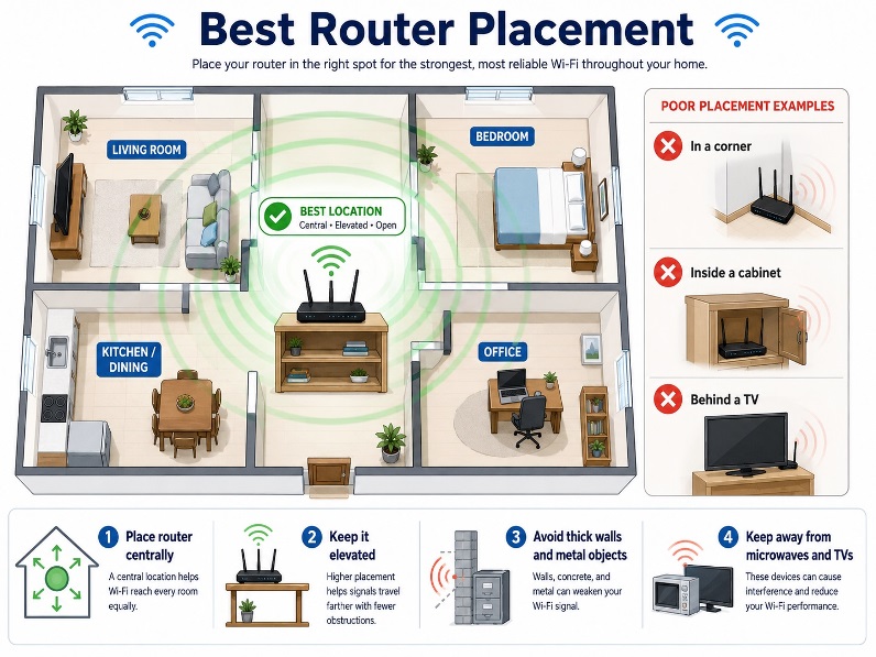 The FCC recommends central router placement for better home coverage.