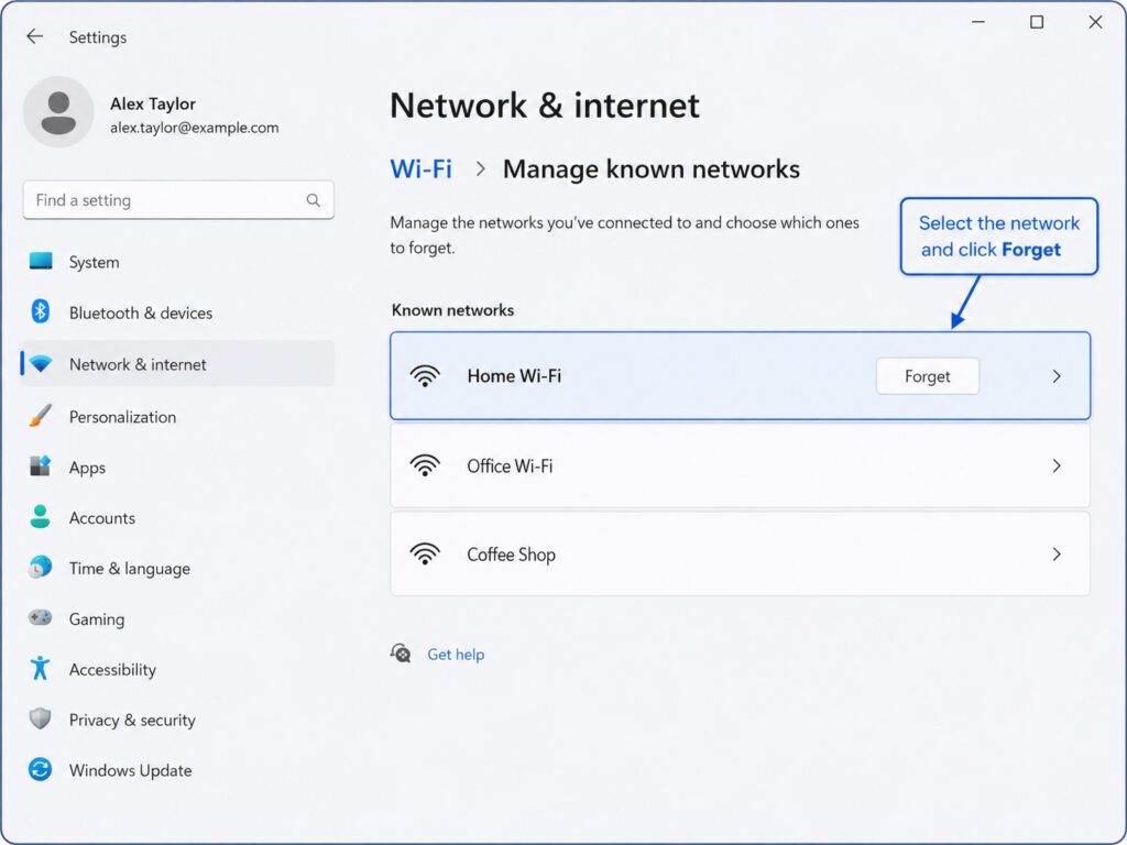 Windows settings screen showing how to forget a saved Wi-Fi network
